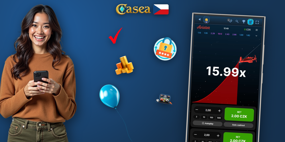 Mobilní aplikace Casea Casino s Aviator – prst na tlačítku výběru výhry při rostoucím multiplikátoru
