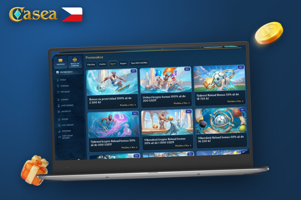 Uvítací balíček Casea Casino rozložený do čtyř vkladů zobrazený na notebooku